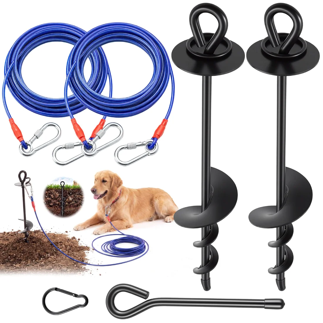 Amylove Dog Tie Out Cable and Stake 30 ft Rust Proof - Heavy Duty Dog