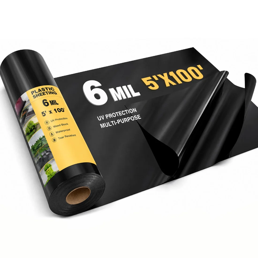 Amylove 6 Mil Black Plastic Sheeting 5x100 FT Heavy Duty Polyethylene