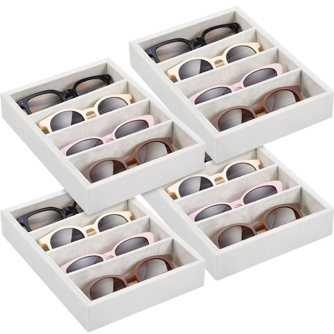 Amylove Beige Sunglass Organizer Trays 4 Grids Velvet Glasses Holder